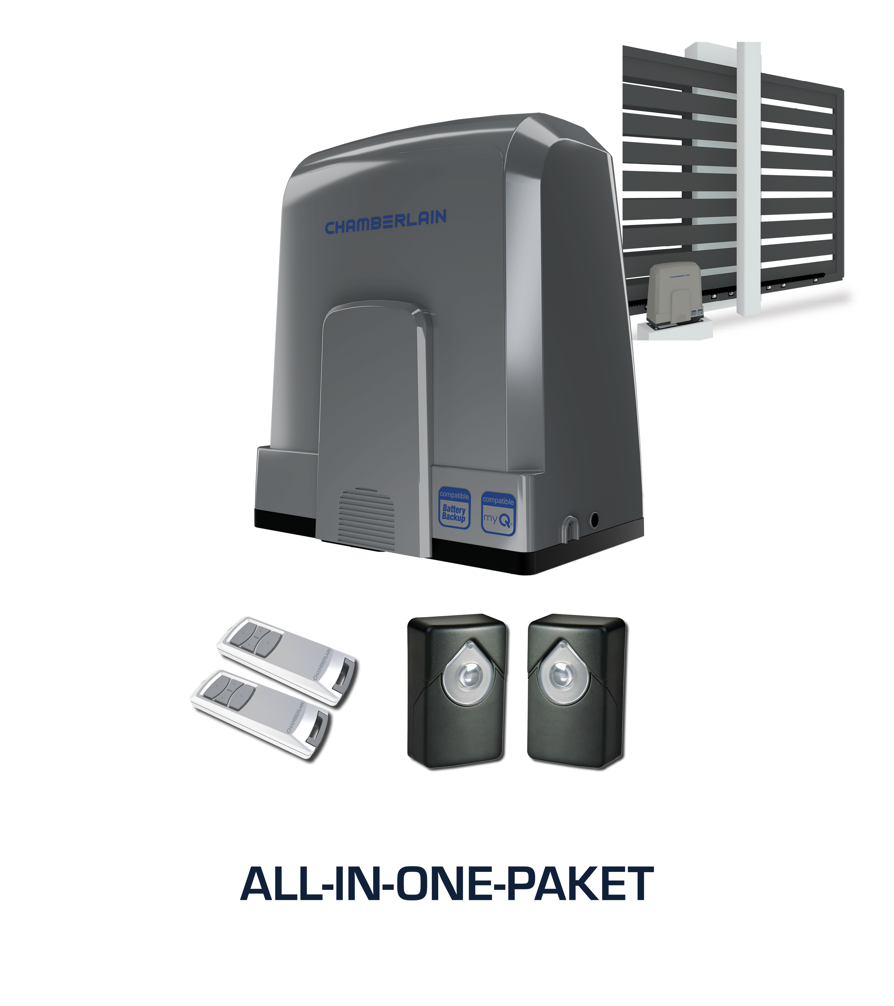 Außentorantriebskit für Schiebetore inkl. Infrarot Lichtschranken-Set und 2 Design- Handsender